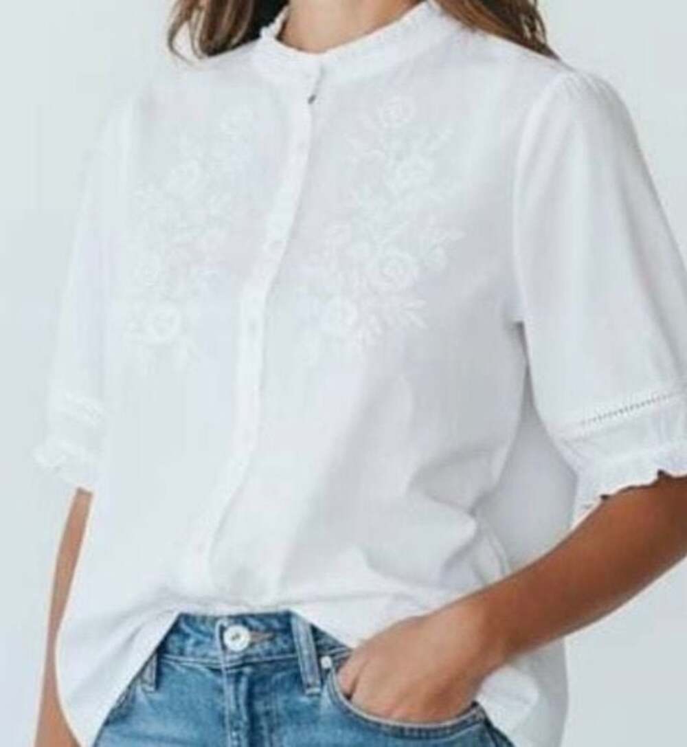 White Cotton Floral Embroidered Button Shirt Ruffle Neck Coquette Girlhood Core